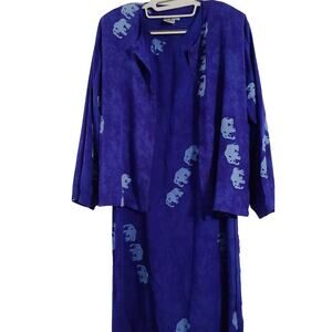 Go Fish Womens Two Piece Jacket Dress Blue Size Small Elephants Long Sleeve 49"L